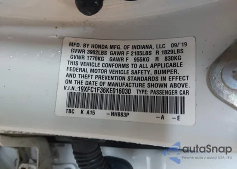 2019 Honda Civic Ex из США, поврежденный, VIN 19XFC1F36KE016030